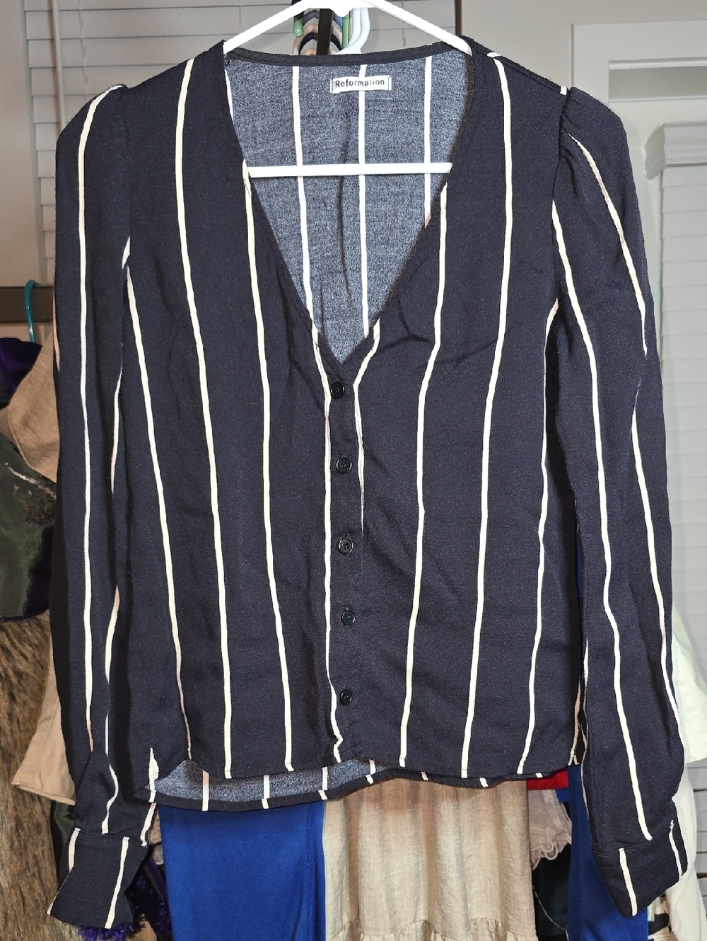 Reformation Navy with Cream Vertical Stripe Top